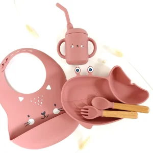 Pack repas en forme de Baleine + bavoir animaux + verre à paille pour enfant Rose